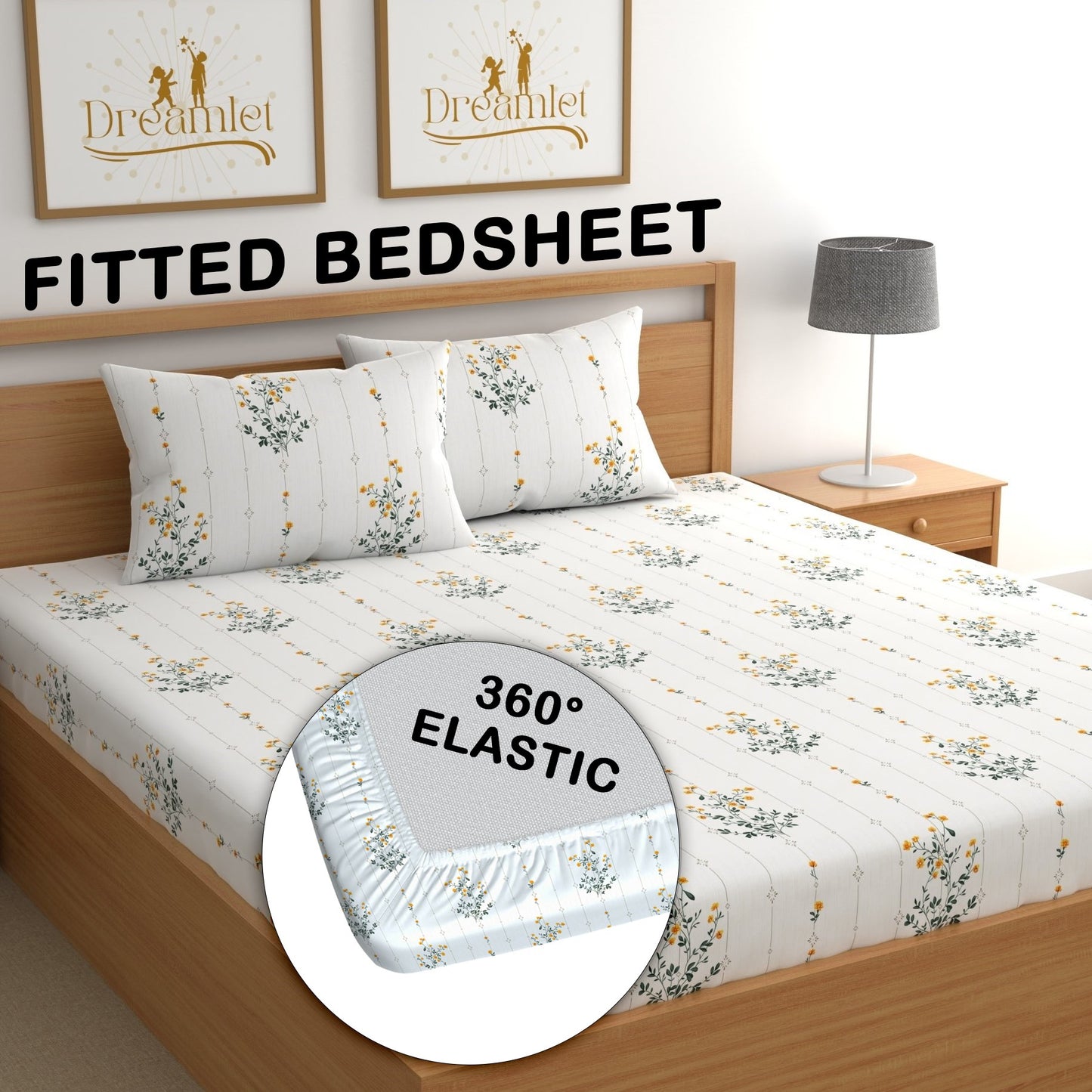 DREAMLET 210 TC Glace Cotton Bedsheet with 2 Pillow Covers Fitted KB1151