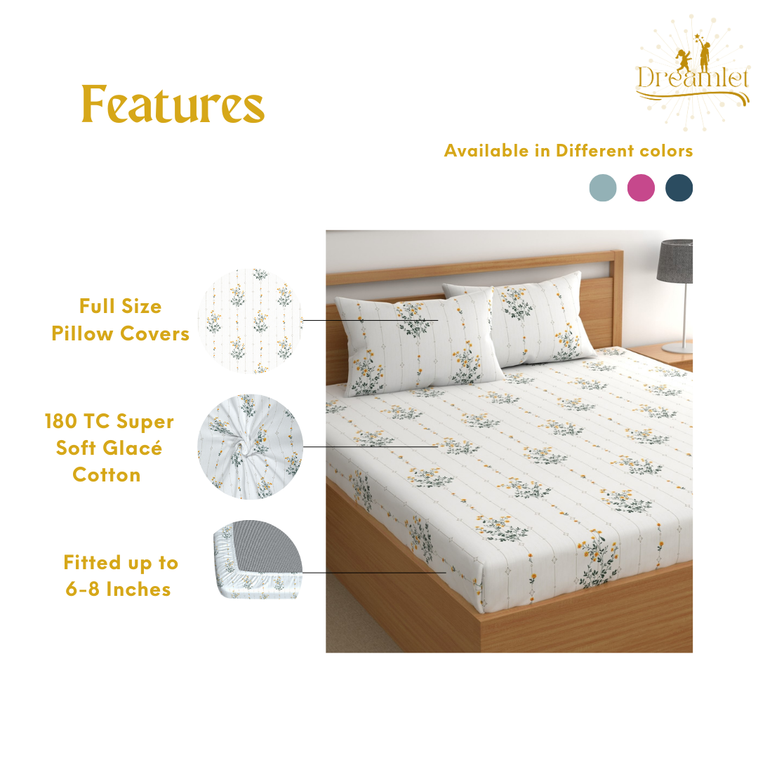 DREAMLET 210 TC Glace Cotton Bedsheet with 2 Pillow Covers Fitted KB1151