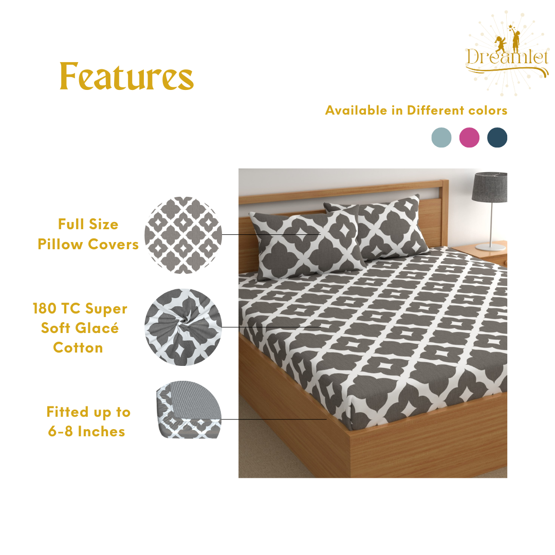 DREAMLET 210 TC Glace Cotton Bedsheet with 2 Pillow Covers DB1152