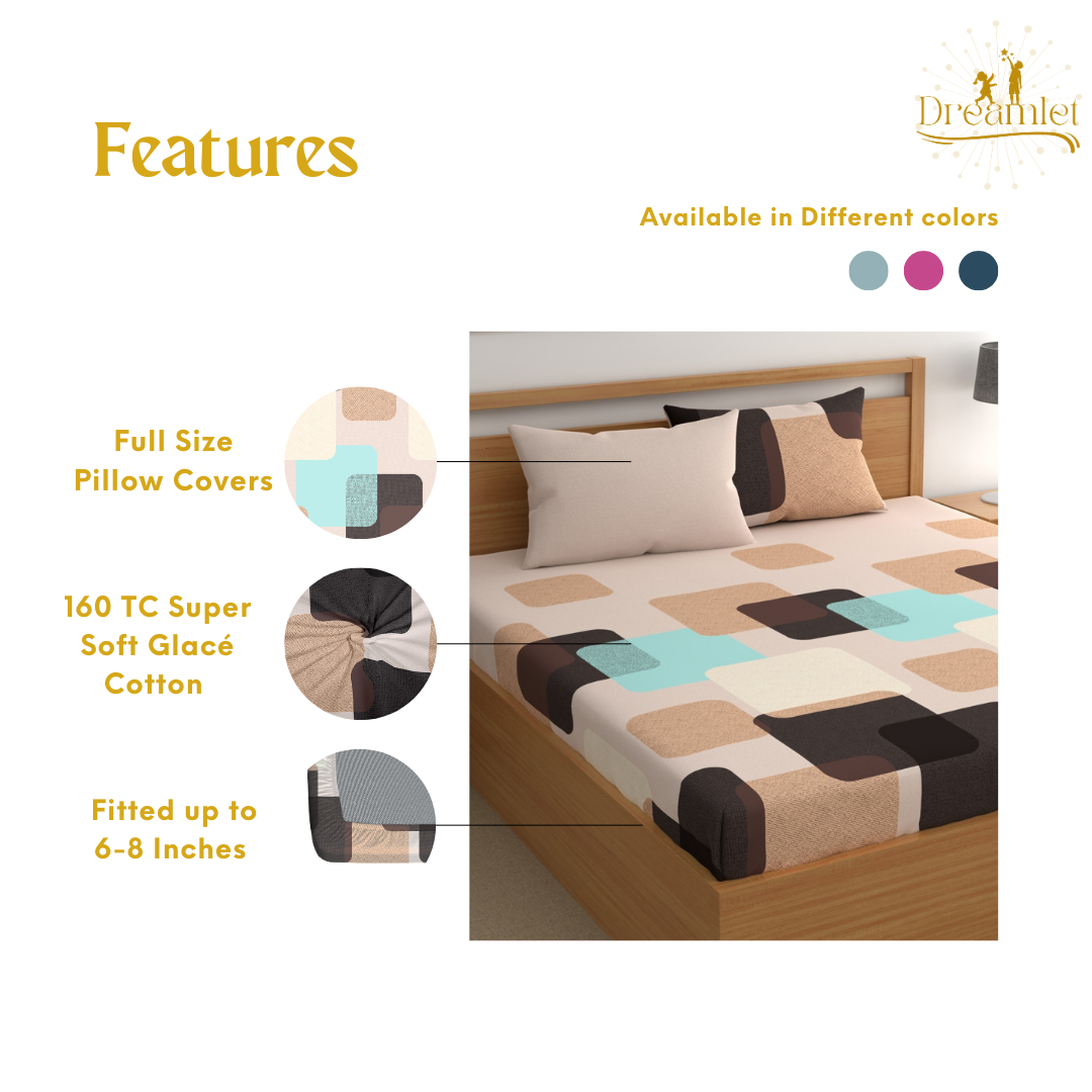 DREAMLET 210 TC Glace Cotton Bedsheet with 2 Pillow Covers Fitted DB1160