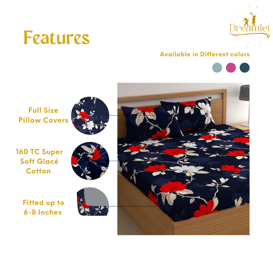 DREAMLET 210 TC Glace Cotton Bedsheet with 2 Pillow Covers DB1158