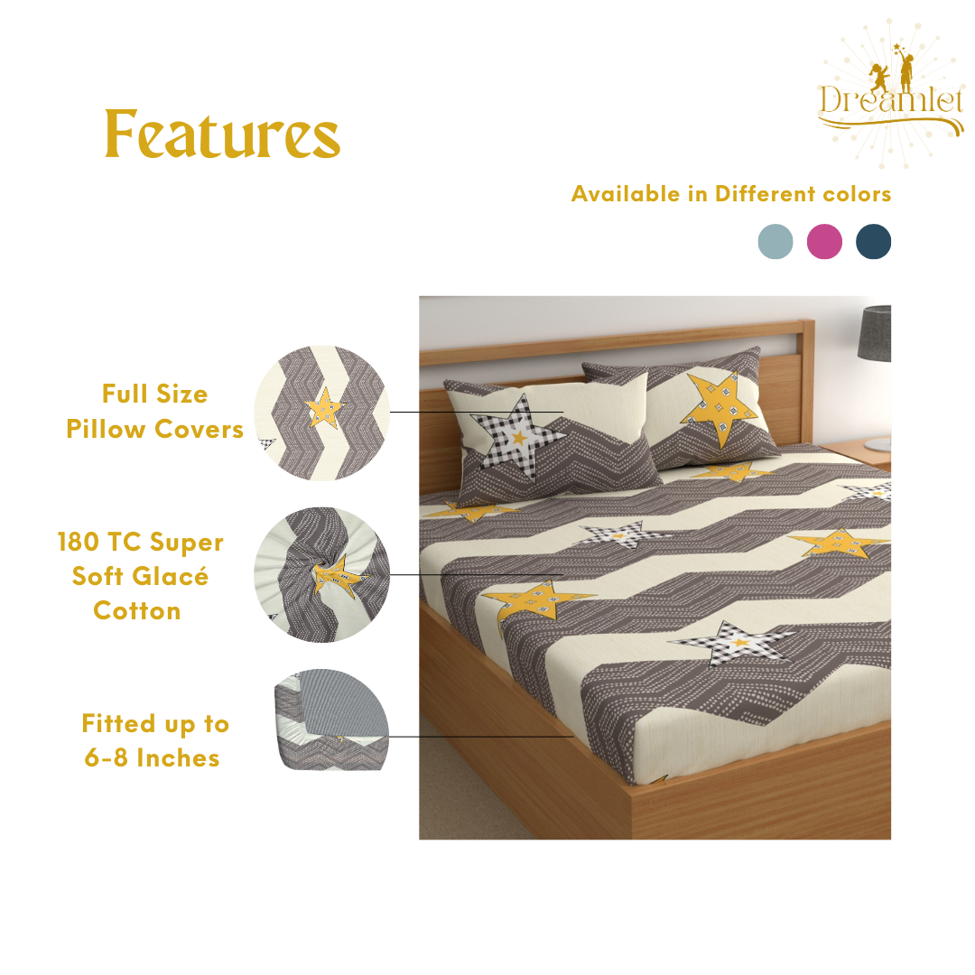 DREAMLET 210 TC Glace Cotton Bedsheet with 2 Pillow Covers Fitted KB1153