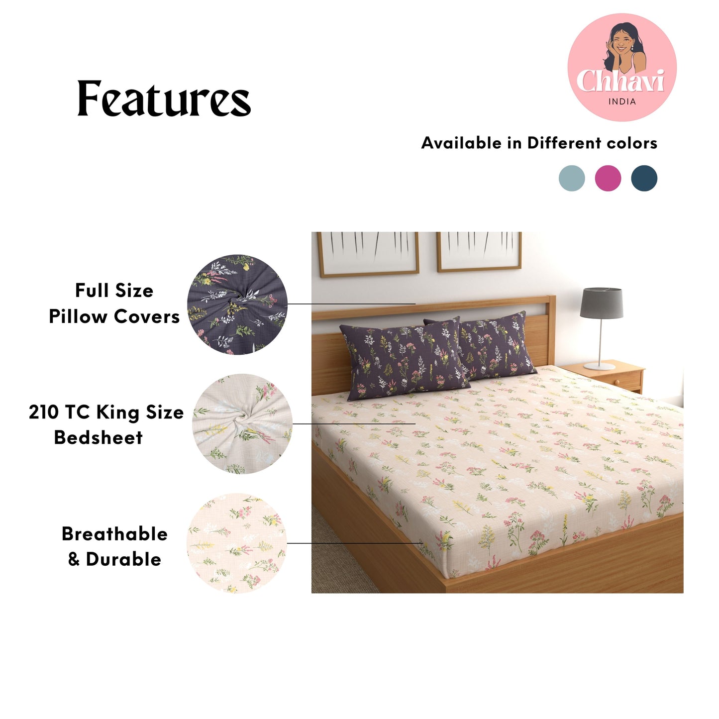 CHHAVI INDIA 210 TC Microfiber Printed King Size Bedsheet With Pillow Covers