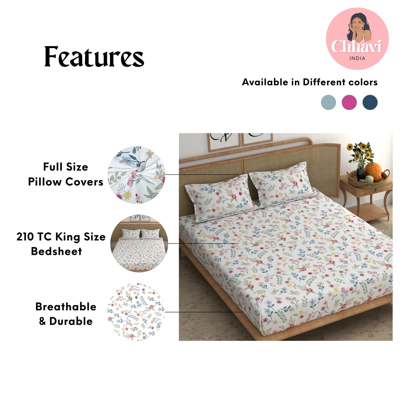 CHHAVI INDIA 210 TC Microfiber Printed King Size Bedsheet With Pillow Covers