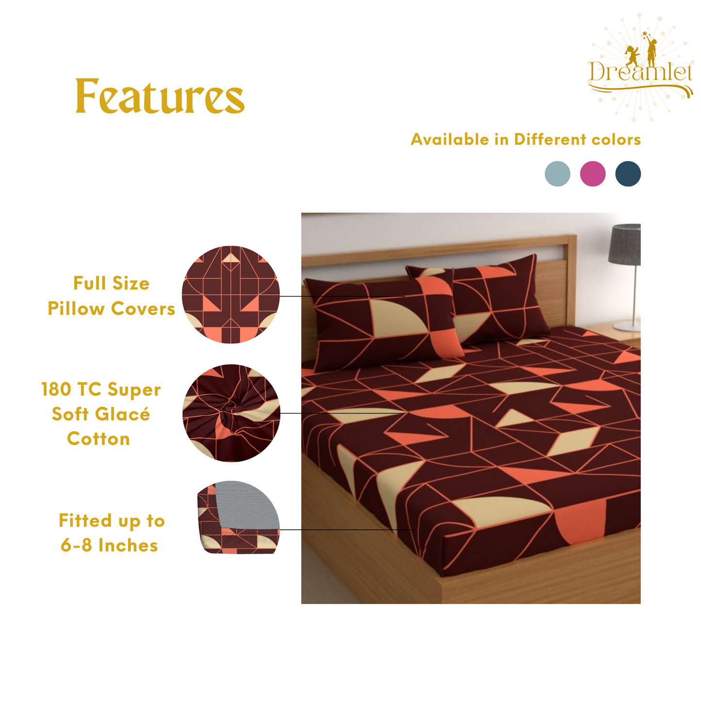 DREAMLET 160 TC Glace Cotton Bedsheet with 2 Pillow Covers DB1332