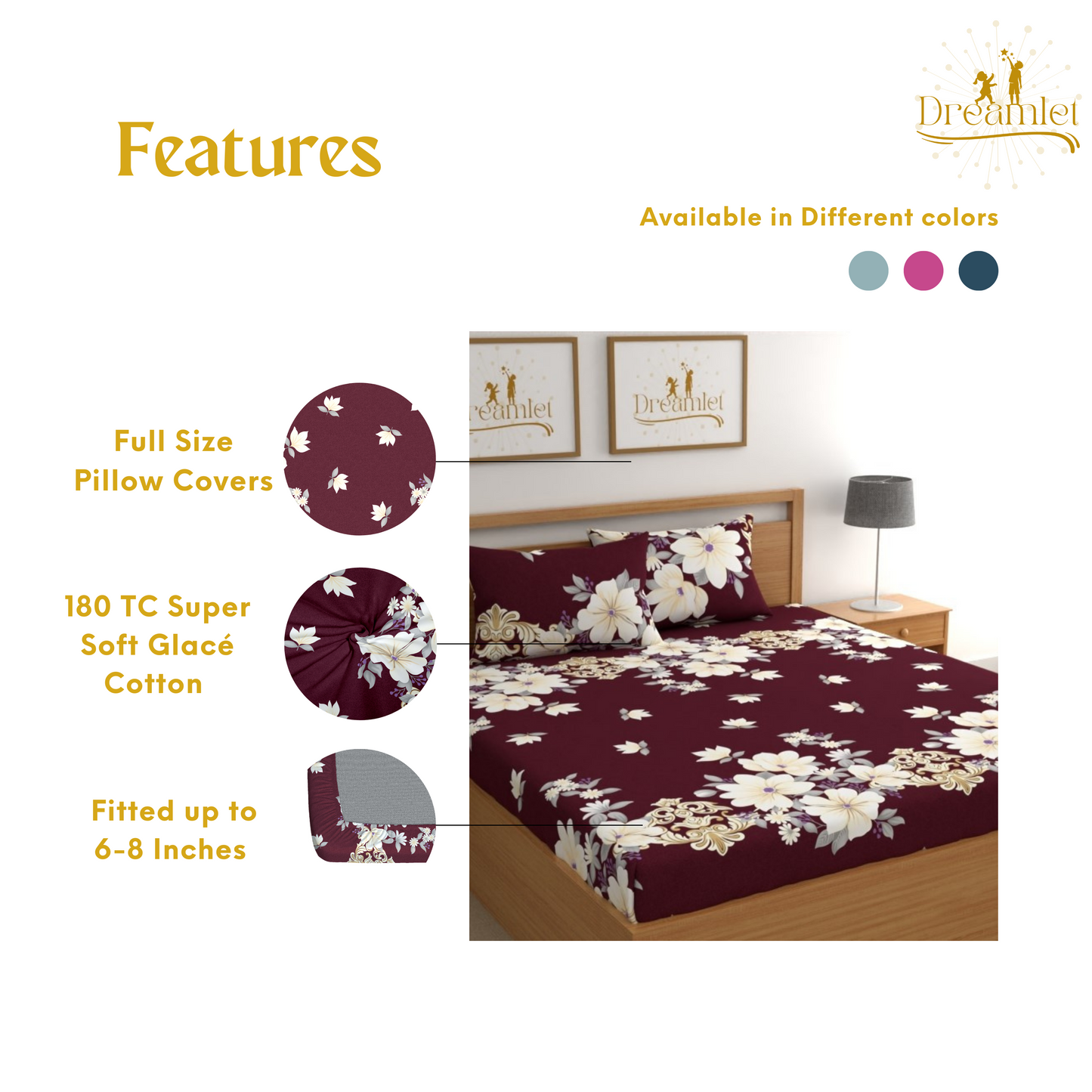 DREAMLET 160 TC Glace Cotton Bedsheet with 2 Pillow Covers Fitted DB1334