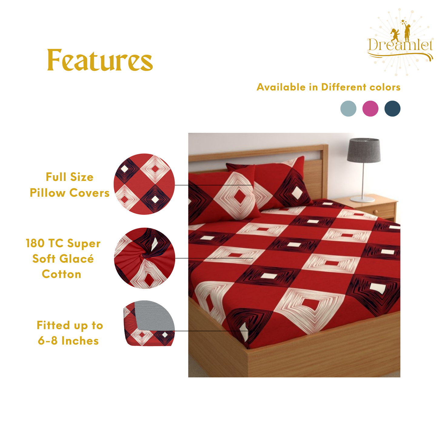 DREAMLET 160 TC Glace Cotton Bedsheet with 2 Pillow Covers DB1333