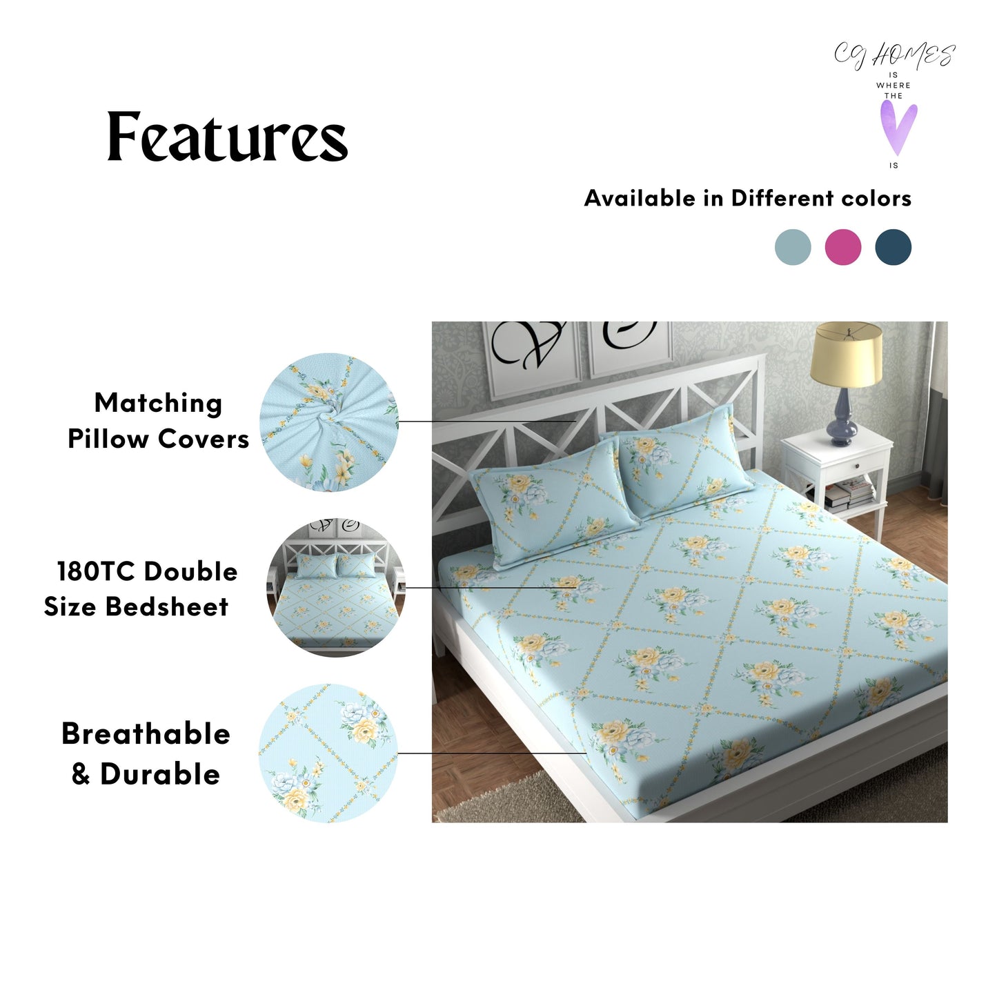 CG HOMES 180TC Glace Cotton Bedsheet with 2 Pillow Covers