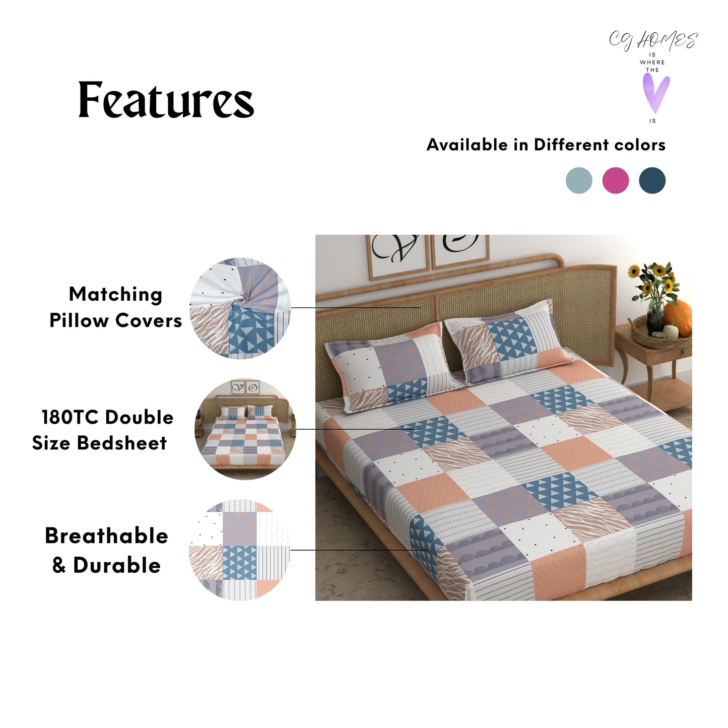 CG HOMES 180TC Glace Cotton Bedsheet with 2 Pillow Covers