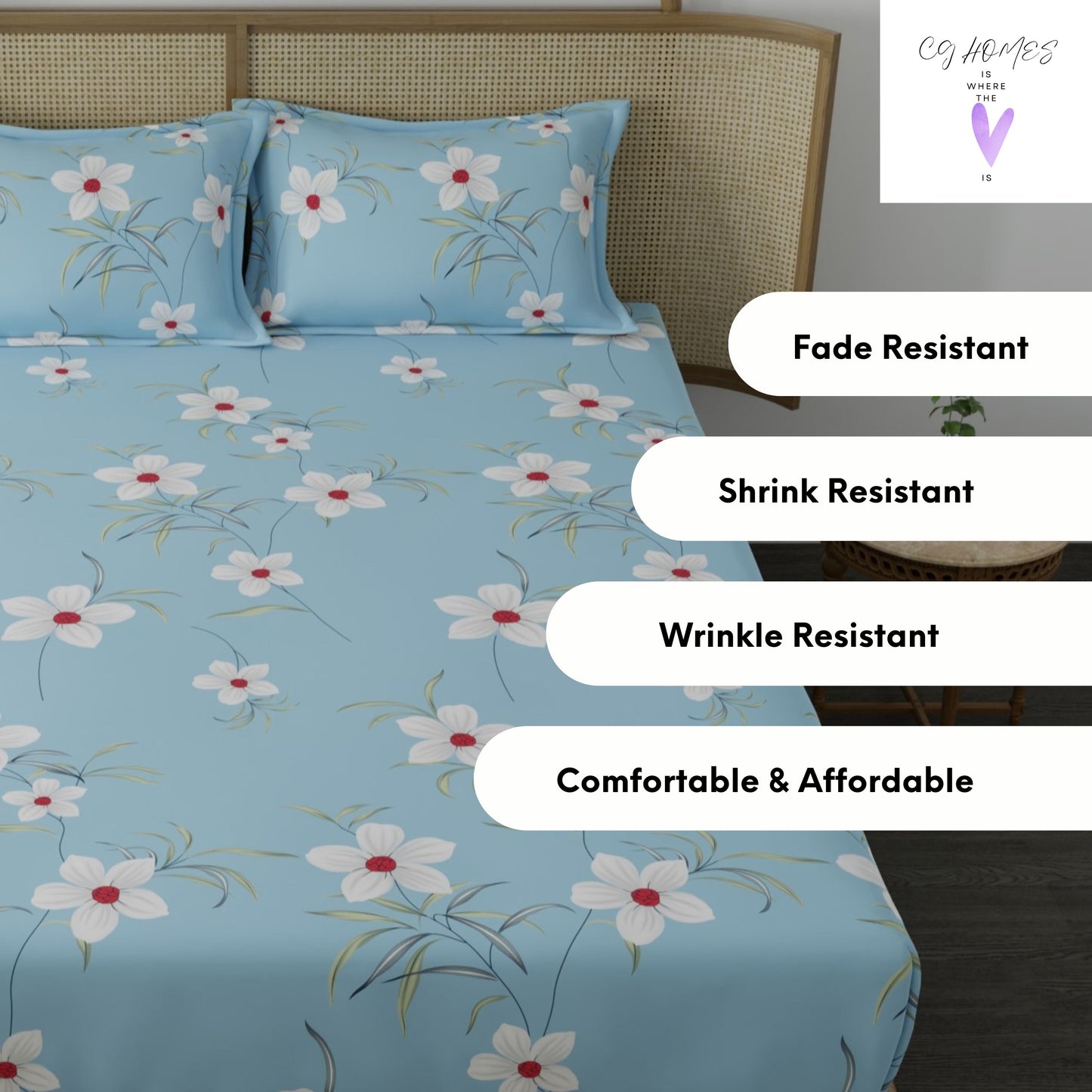 CG HOMES 180TC Glace Cotton Bedsheet with 2 Pillow Covers