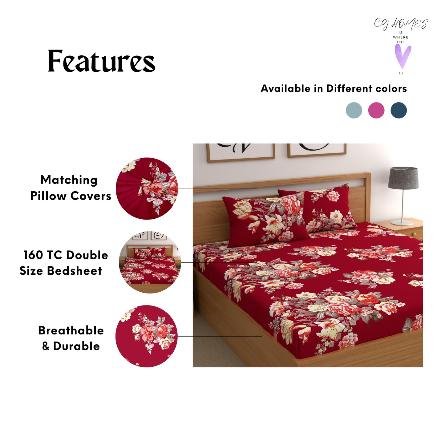 CG HOMES 160TC Glace Cotton Bedsheet with 2 Pillow Covers