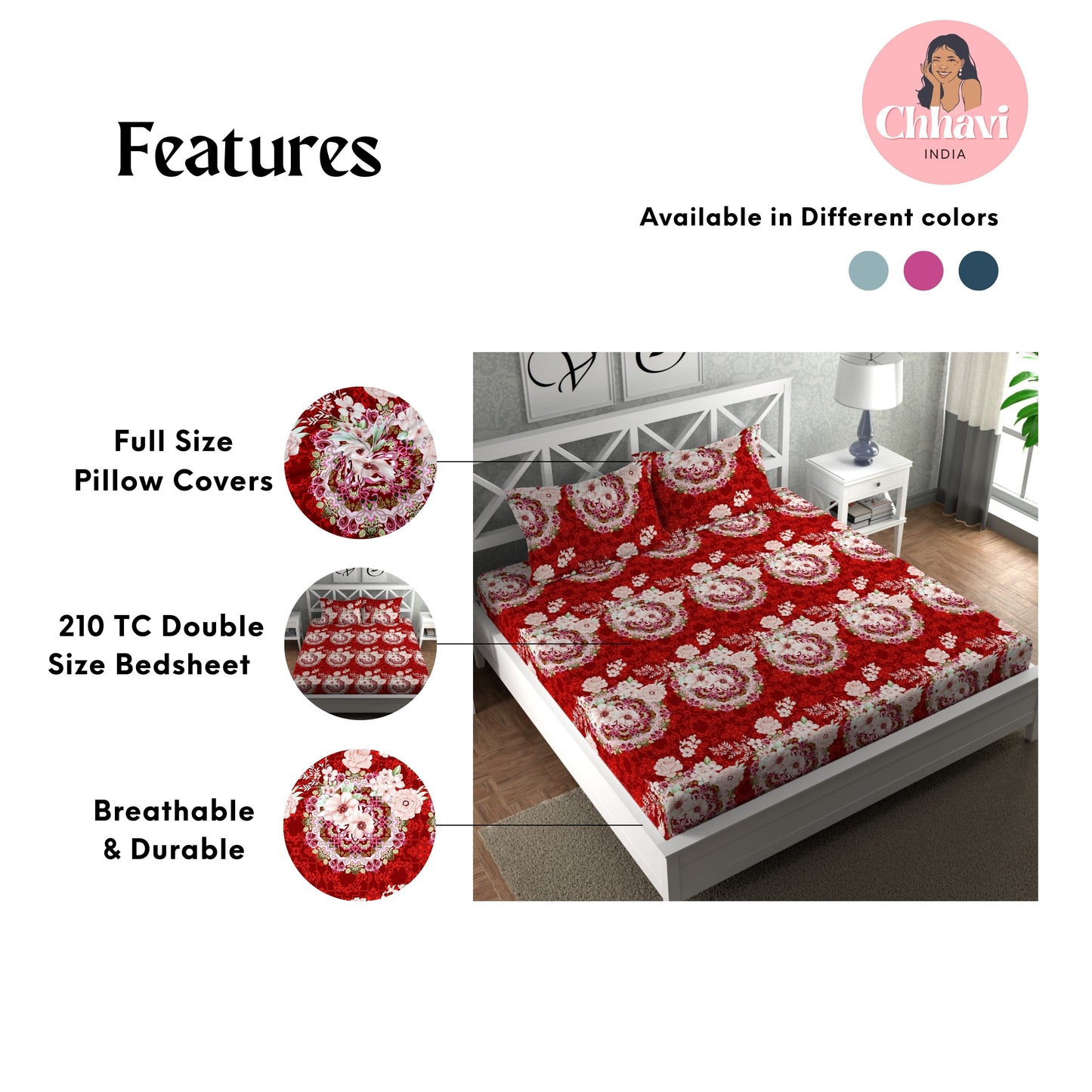 CHHAVI INDIA 210 TC Microfiber Printed Double Bedsheet With Pillow Covers