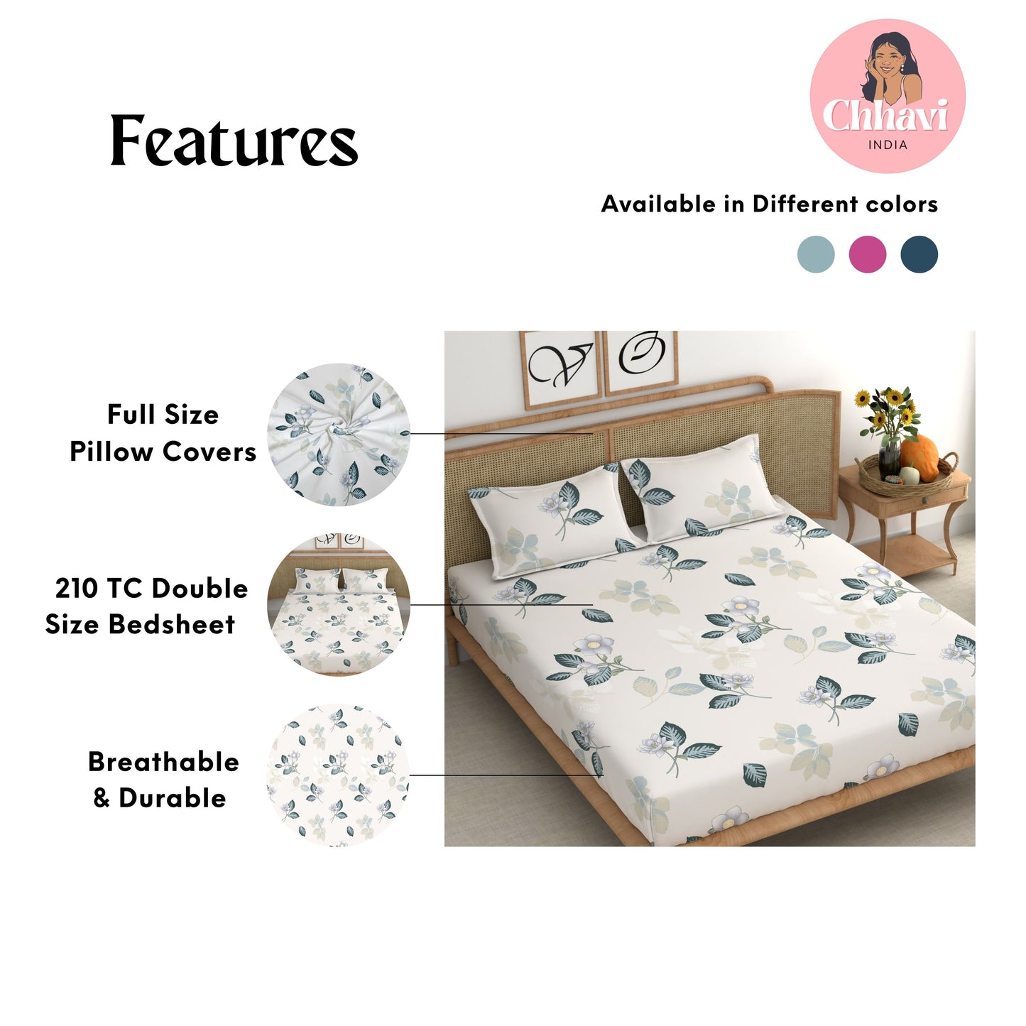 CHHAVI INDIA 210 TC Microfiber Printed Double Bedsheet With Pillow Covers