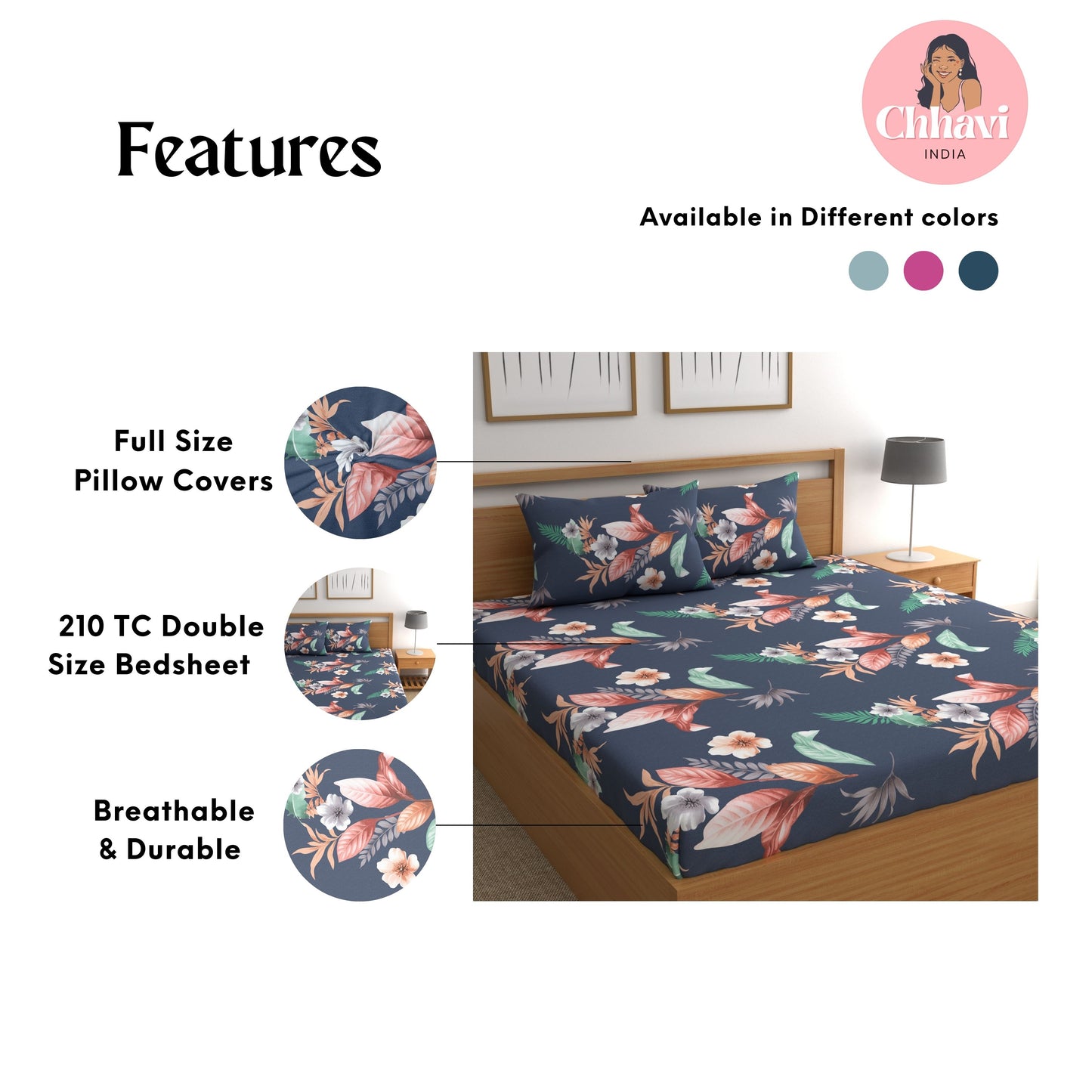 CHHAVI INDIA 210 TC Microfiber Printed Double Bedsheet With Pillow Covers