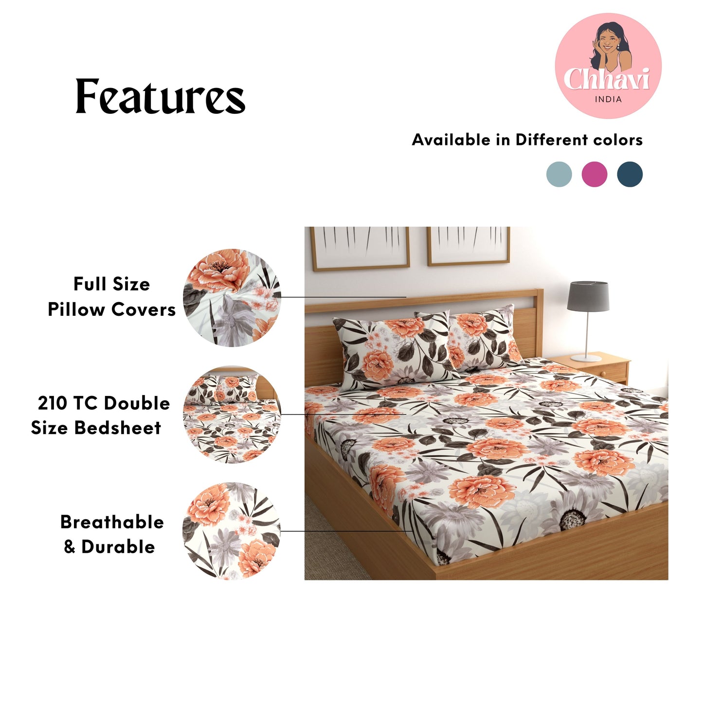 CHHAVI INDIA 210 TC Microfiber Printed Double Bedsheet With Pillow Covers