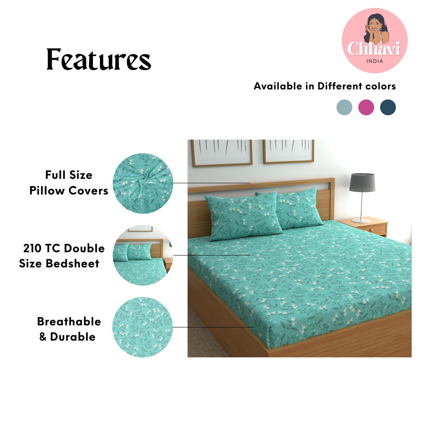 CHHAVI INDIA 210 TC Microfiber Printed Double Bedsheet With Pillow Covers