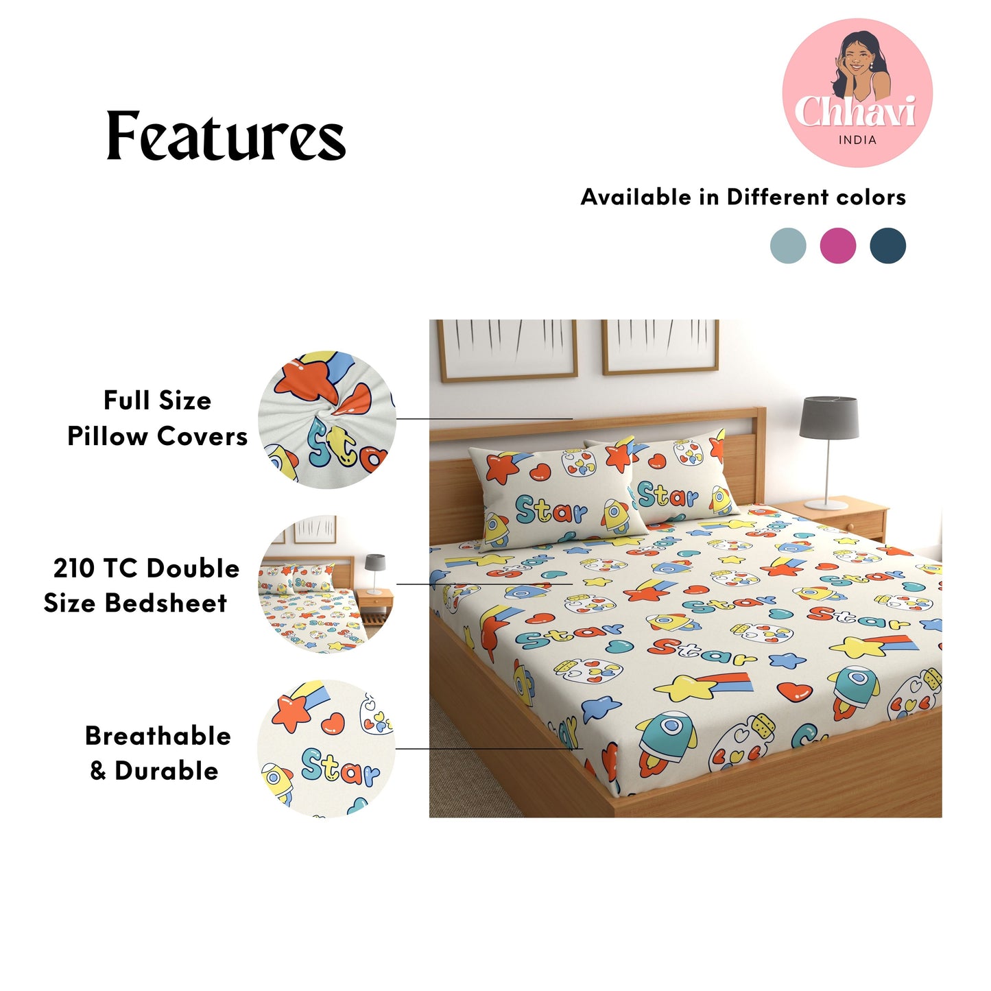 CHHAVI INDIA 210 TC Microfiber Printed Double Bedsheet With Pillow Covers