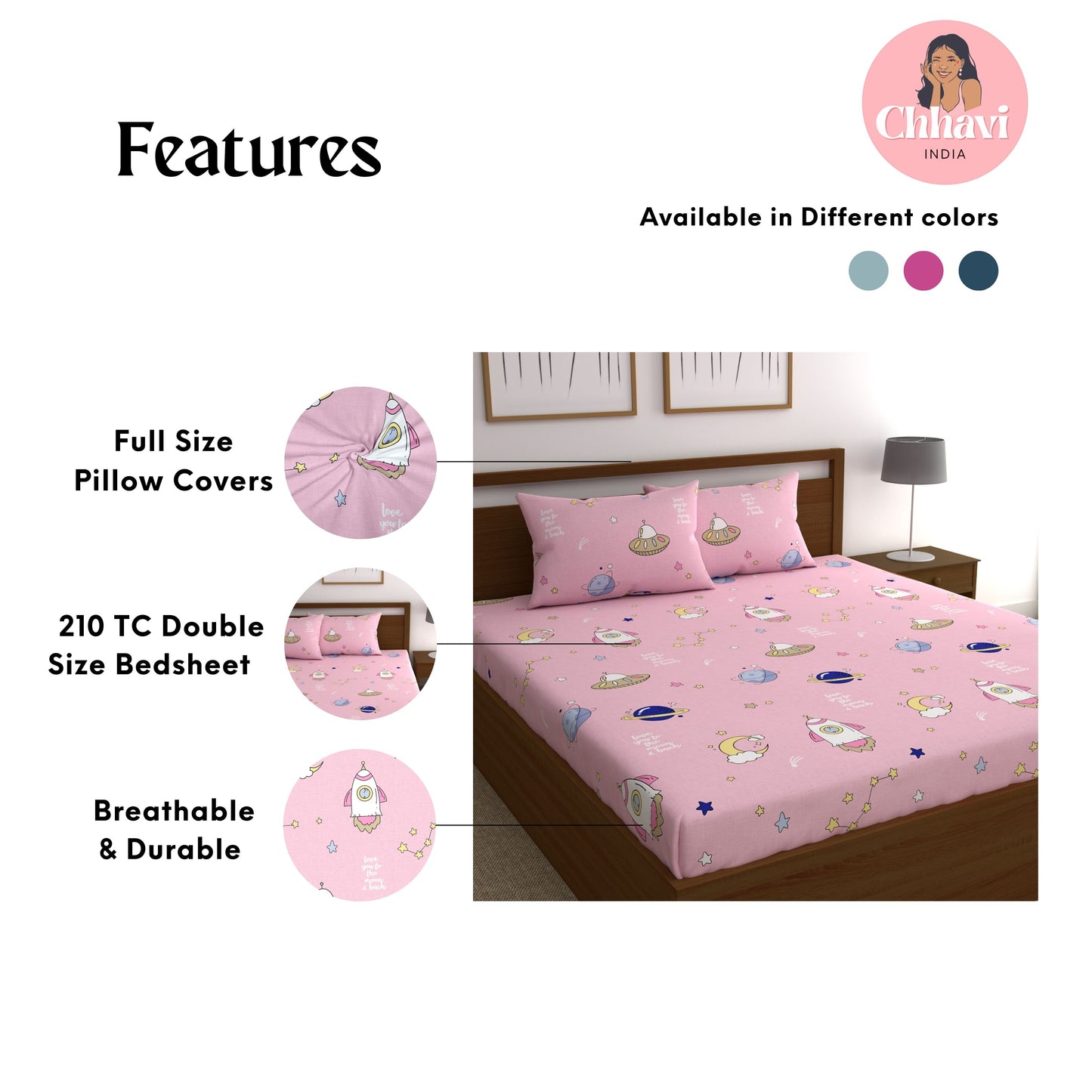 CHHAVI INDIA 210 TC Microfiber Printed Double Bedsheet With Pillow Covers