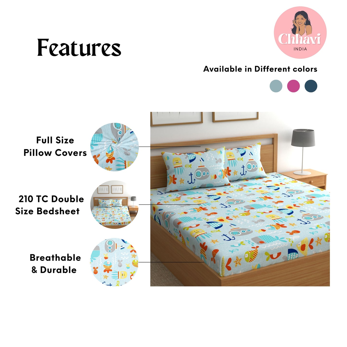 CHHAVI INDIA 210 TC Microfiber Printed Double Bedsheet With Pillow Covers