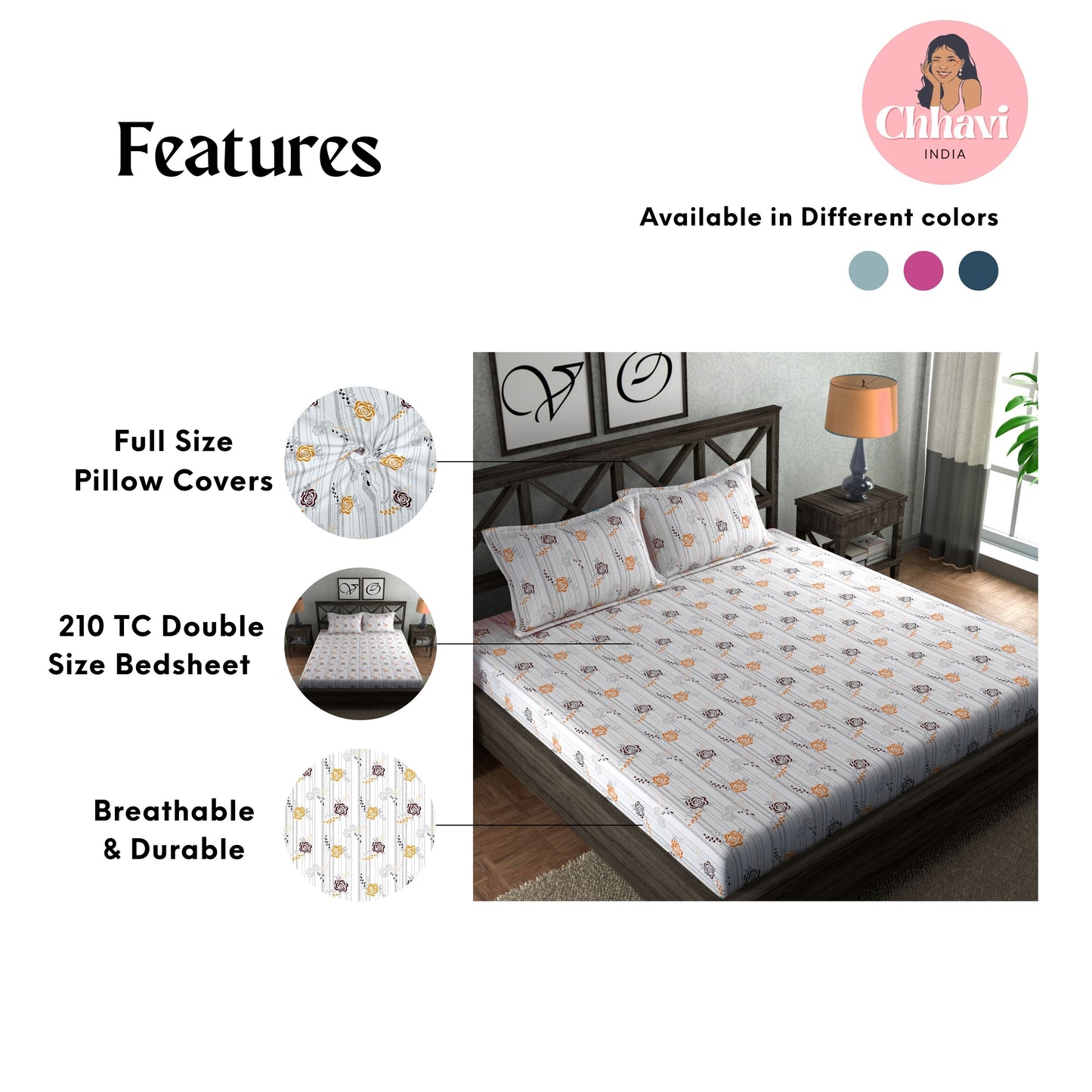 CHHAVI INDIA 210 TC Microfiber Printed Double Bedsheet With Pillow Covers