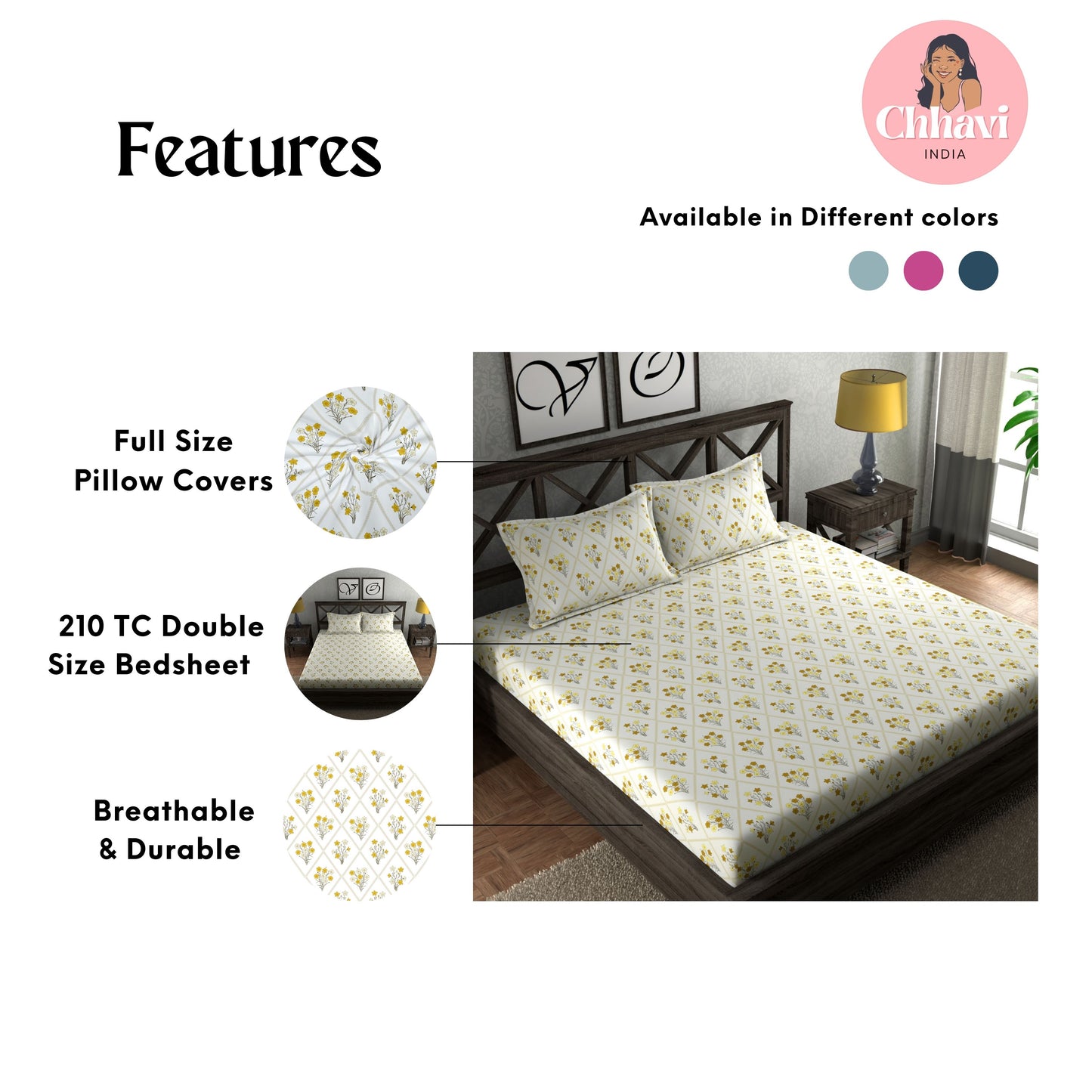 CHHAVI INDIA 210 TC Microfiber Printed Double Bedsheet With Pillow Covers